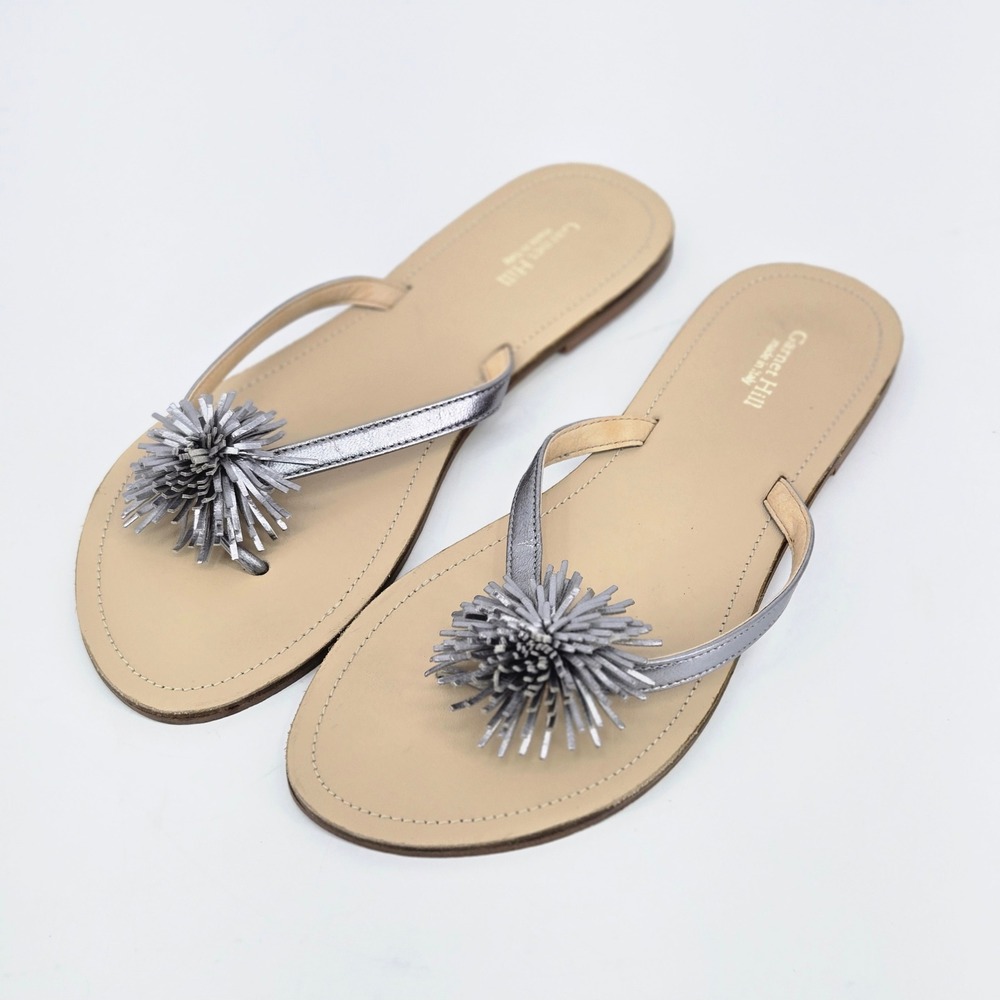 Garnet Hill Metallic Silver Leather Pom Pom Flip Flop Sandals Made in Italy 10